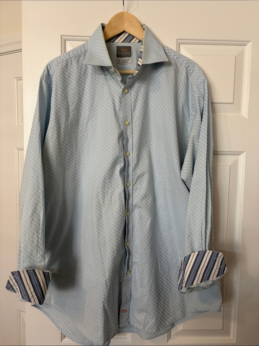 Thomas Dean Light Blue Textured Dress Shirt with Striped Cuffs